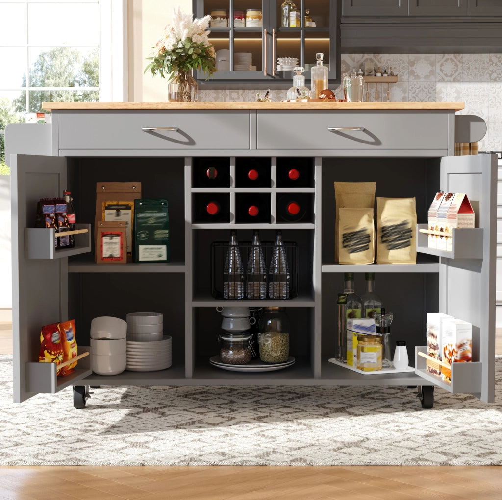 Isola da cucina con ruote e portabottiglie 102x45x92 cm in MDF e metallo grigio