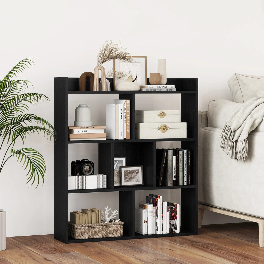 Libreria a 7 cubi con retro aperto nera, con dispositivi anti-ribaltamento, robusta e pratica per casa e ufficio
