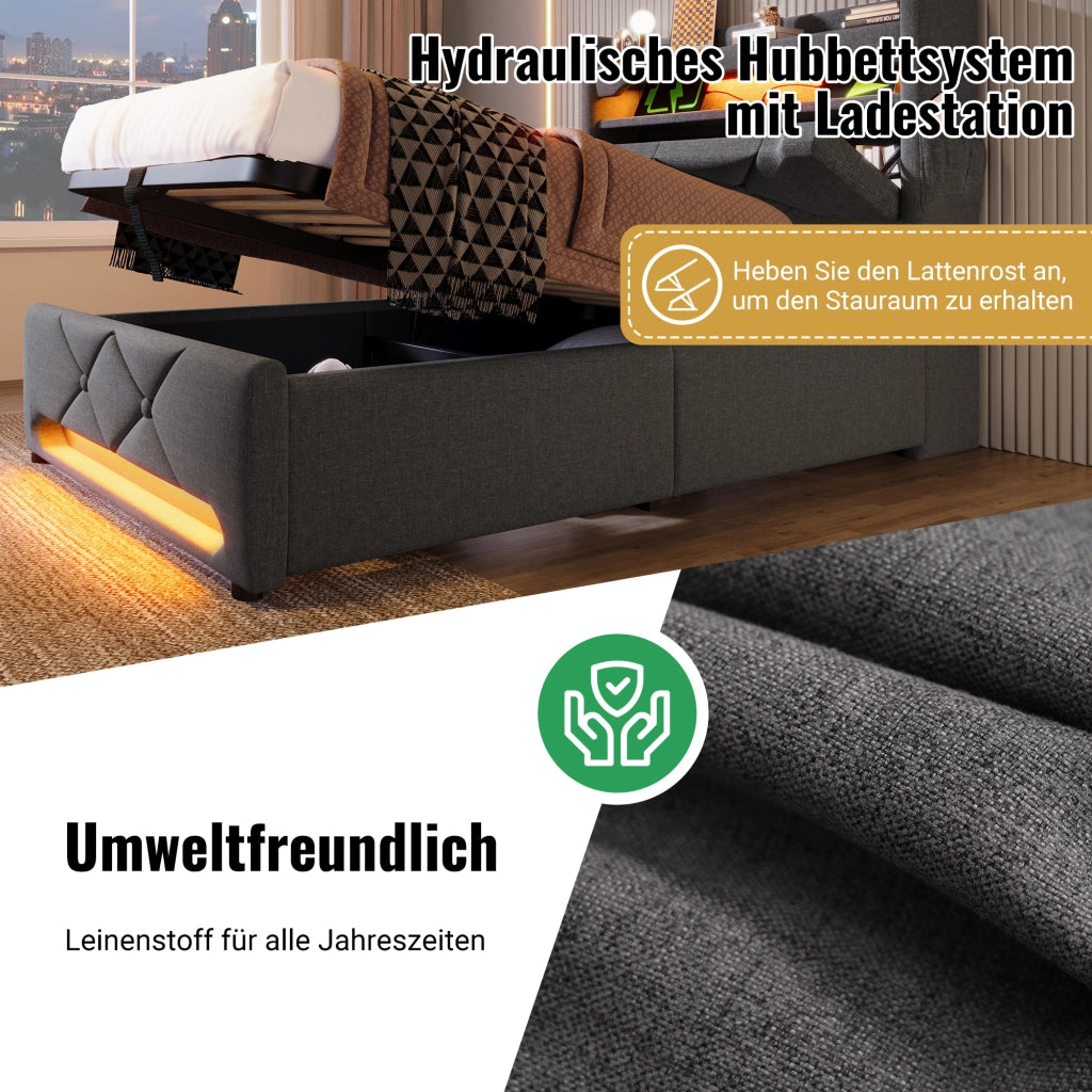 Letto matrimoniale 140x200 cm con materasso; LED 360°; USB e Type-C; vano contenitore idraulico; lino grigio