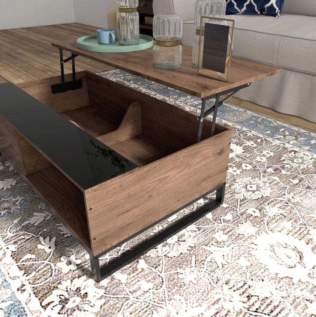 Tavolino da salotto ULEVR 102x58x35,5 cm con piano sollevabile, 2 vani nascosti e ripiano inferiore, noce