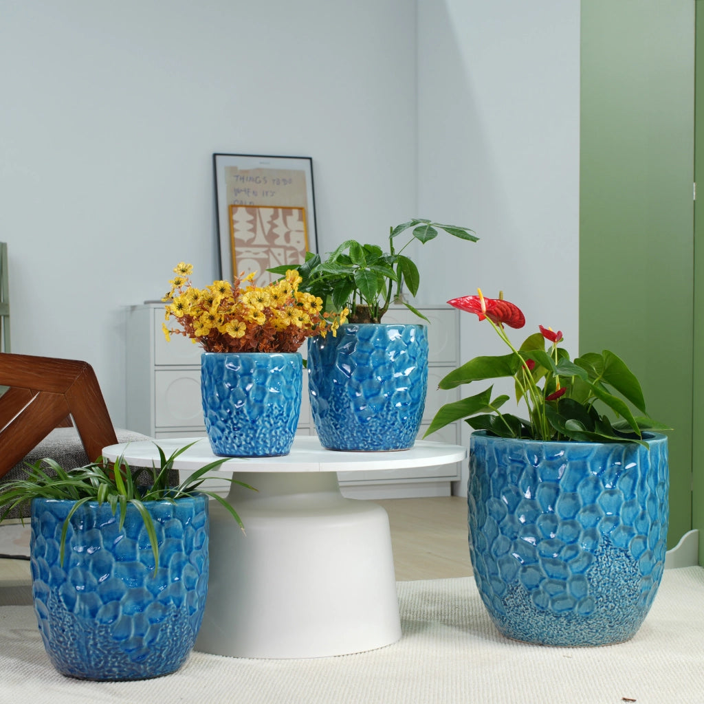 Vaso da fiori set di 4 blu smaltati con rilievo martellato e foro di drenaggio per interno balcone e giardino