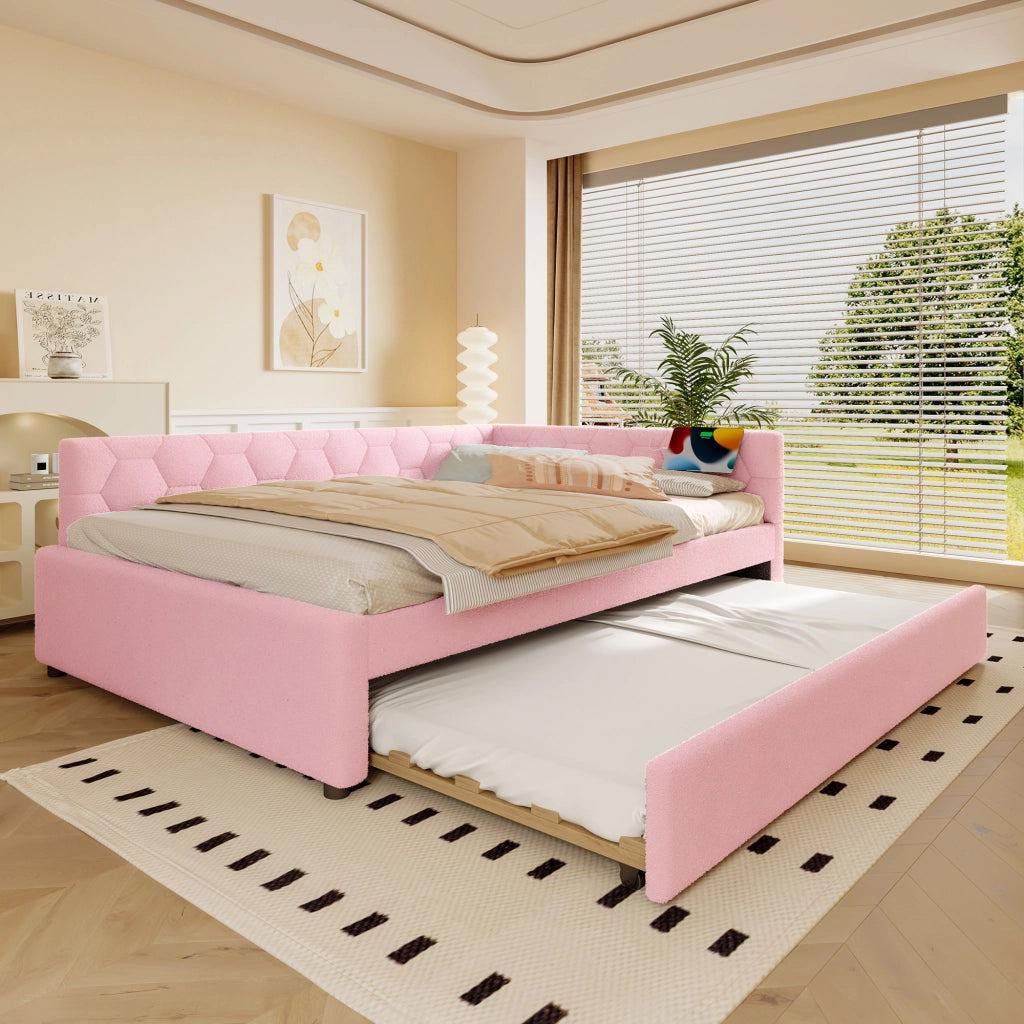 Letto da giorno 140 x 200 cm con rete a doghe, senza materasso, lampada da comodino, letto estraibile, USB + Tipo C - Rosa