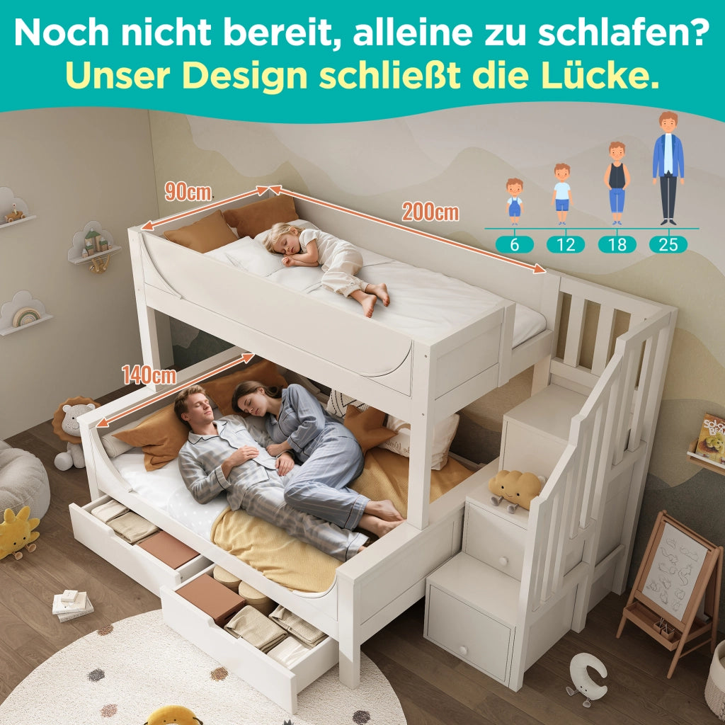 Letto a castello per bambini con armadio scala cassetti legno MDF e metallo bianco