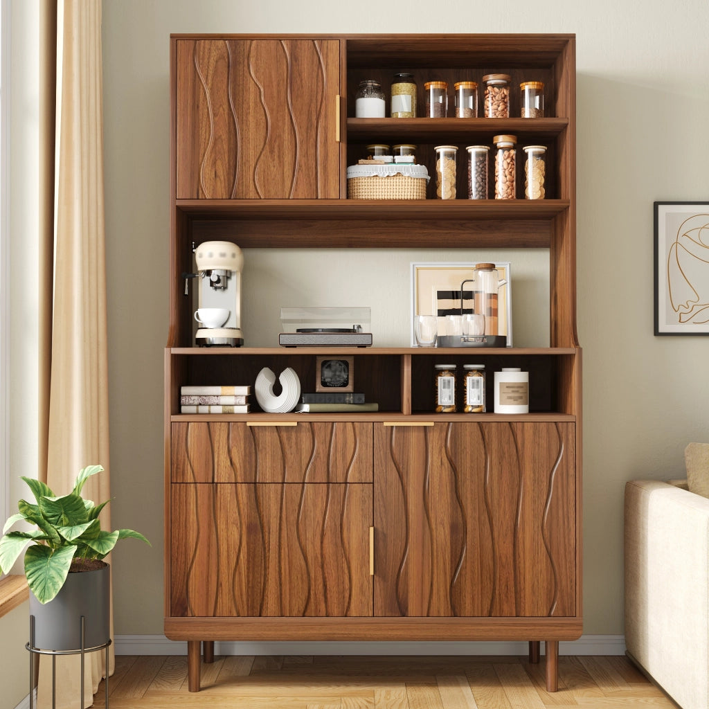 Sideboard alto con 1 cassetto, ante e ripiani aperti. Mobile contenitore in MDF e truciolato con piedi in legno massello