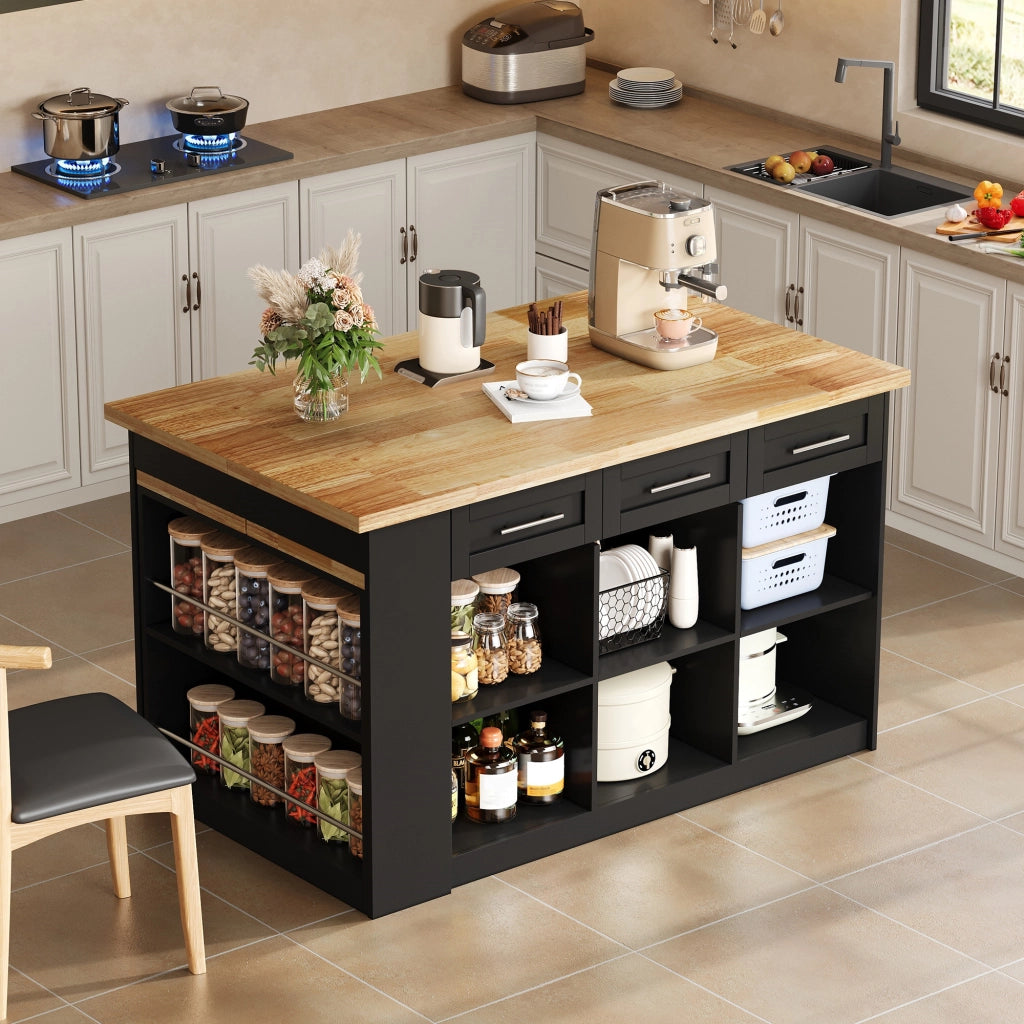 Isola da cucina con tavolo estraibile e contenitori in MDF naturale e nero 150 × 90 × 90 cm