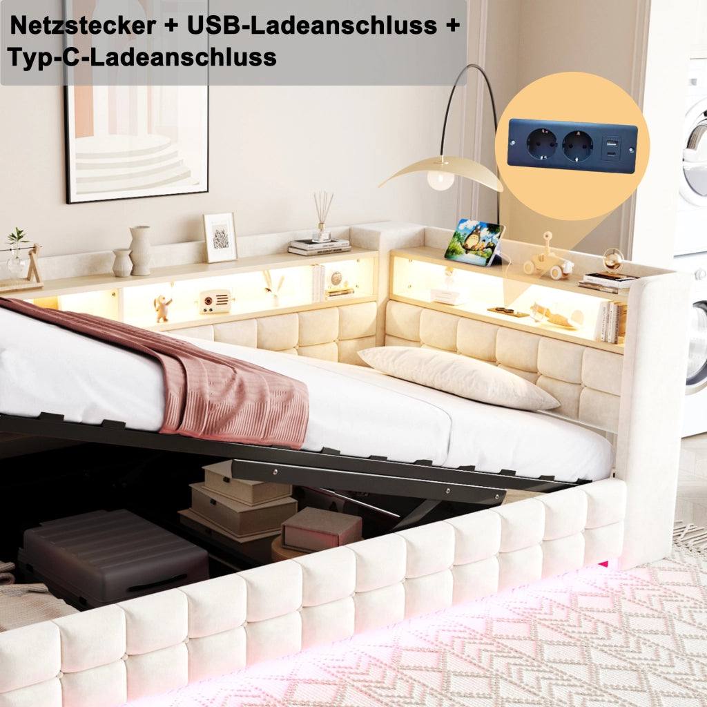 Divano letto 90 × 200 cm con vano contenitore idraulico LED prese USB e Tipo C rivestito in velluto beige