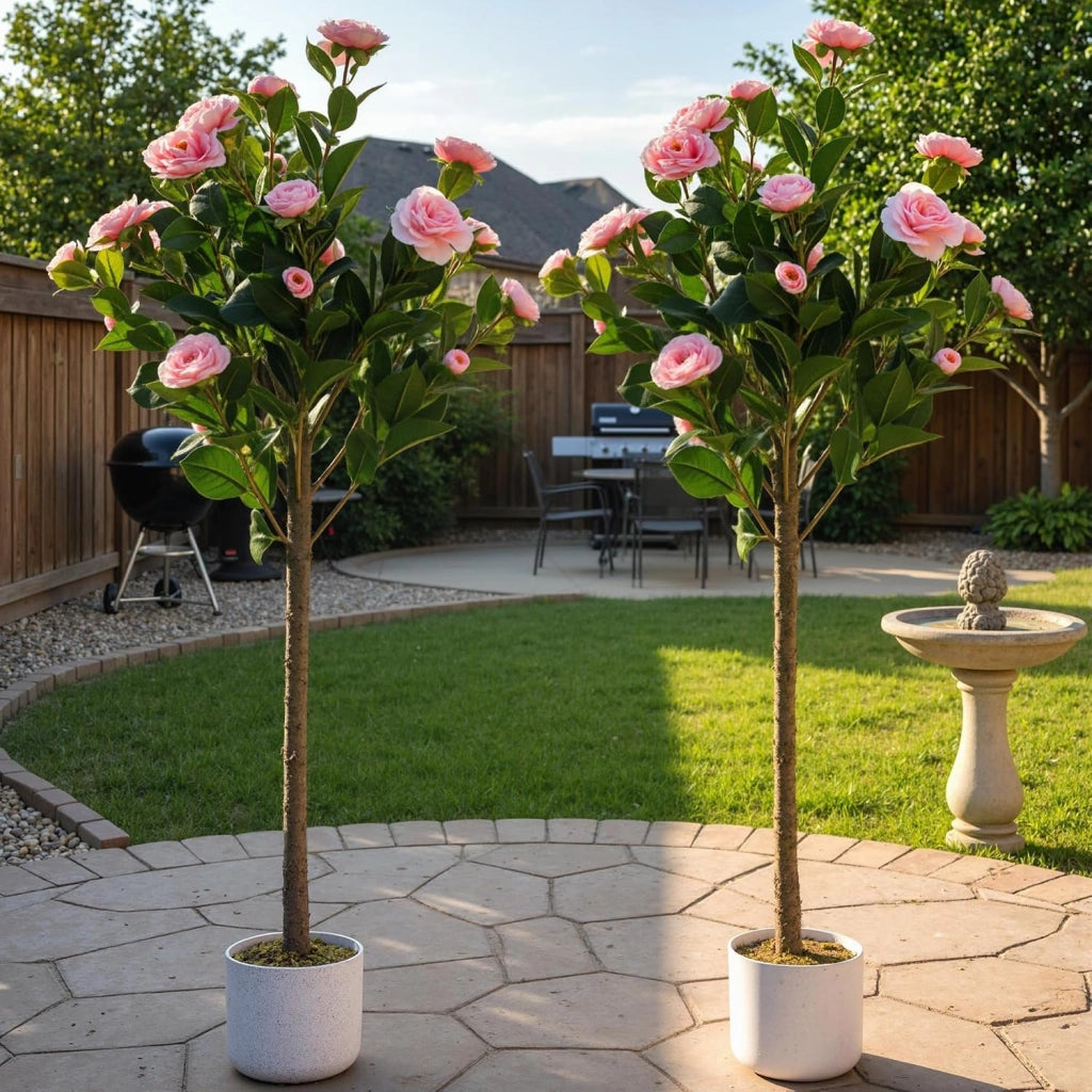 Set 2 Alberi di Camelia Artificiale 120 cm Fioriti con Vaso per Casa e Giardino