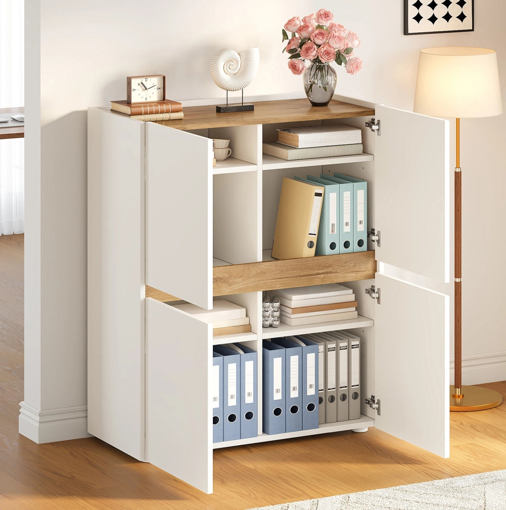 Armadio contenitore 90x40x110 cm con 4 ante; 8 scomparti e ripiani regolabili; rovere bianco