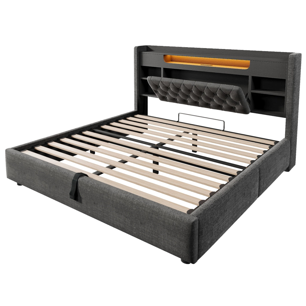 Letto 140x200 cm con contenitore idraulico, LED, USB e USB-C in lino grigio