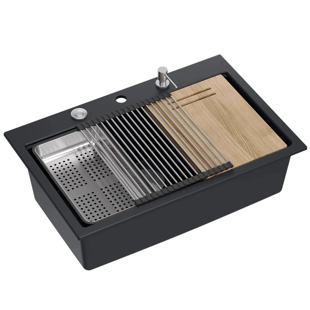 Lavello In Granito Marc 110 Workstation Black Tappo rame spazzolato