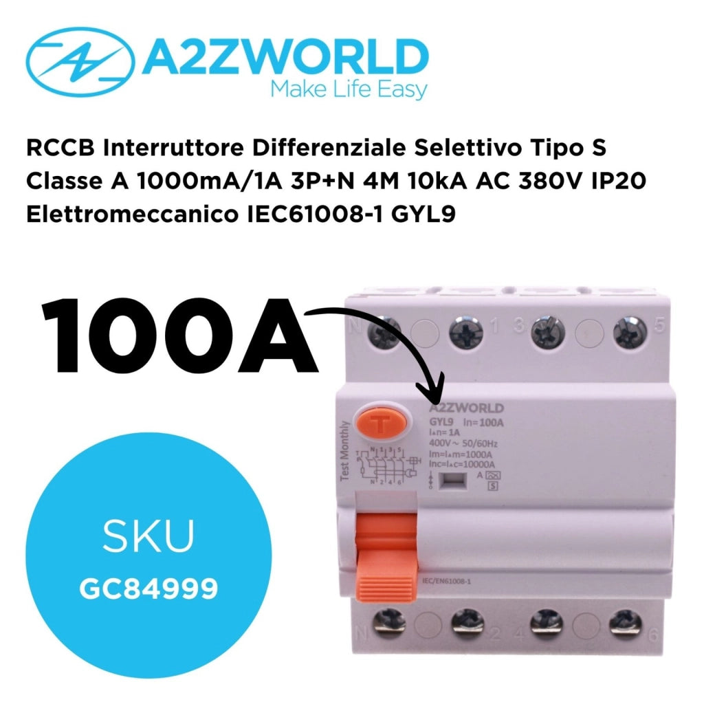 RCCB Interruttore Differenziale Selettivo Tipo S Classe A 1000mA/1A 3P+N 4M 10kA AC 380V IP20 Elettromeccanico IEC61008-1 GYL9, Corrente Disponibili 63A 100A (100A)