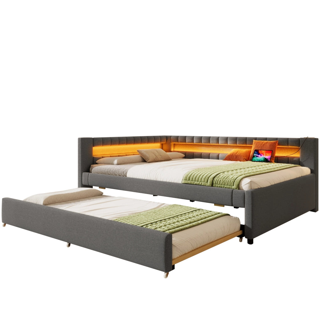 Letto divano 140 × 200 cm 3 posti con letto estraibile 90 × 190 cm; LED; USB e Type-C; senza materasso; grigio