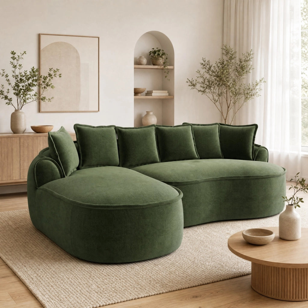 Divano letto modulare senza struttura in ciniglia verde con chaise longue e cuscini