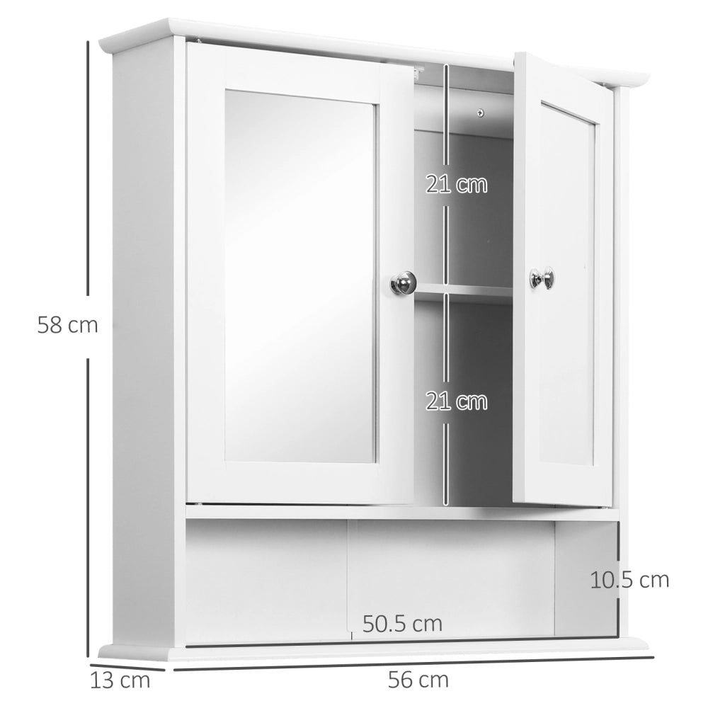 Specchio Bagno Contenitore con Ante e Ripiani Regolabili, Specchiera Bagno in Vetro, Mobiletto Armadietto a Muro con Specchio, 56x13x58cm, Bianco