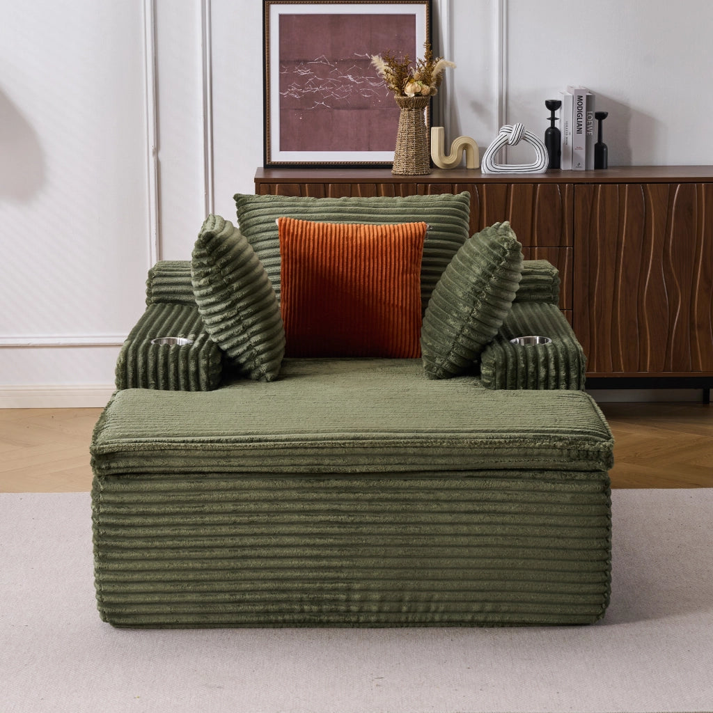 Divano con chaise longue pieghevole senza montaggio in velluto a coste verde