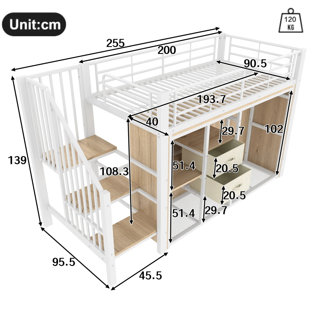 Letto a soppalco 90 × 200 cm con 2 cassetti armadio aperto LED multicolore in metallo e MDF bianco