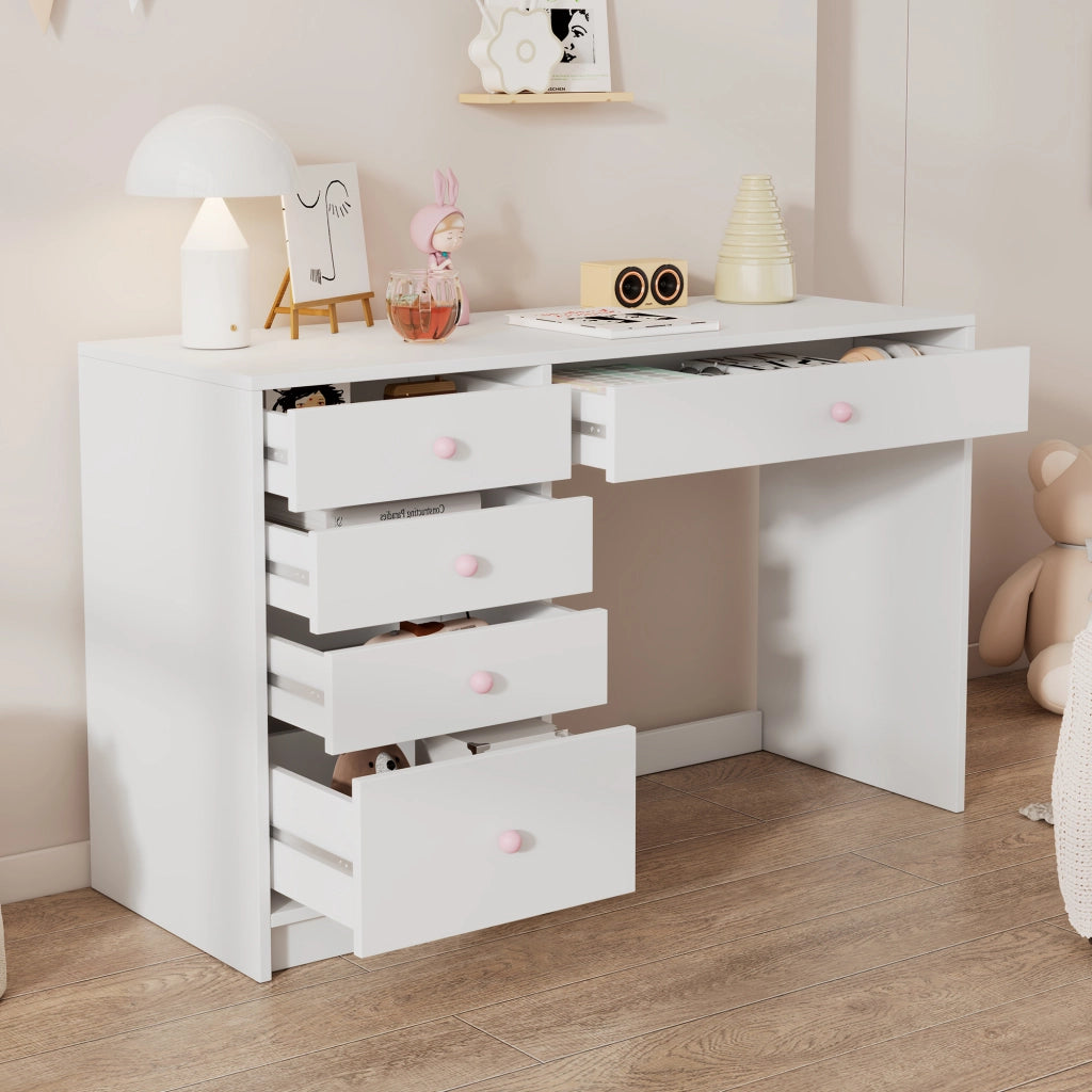 Scrivania con 5 cassetti - per camera da letto e studio - in MDF - 120×45×74 cm - bianca