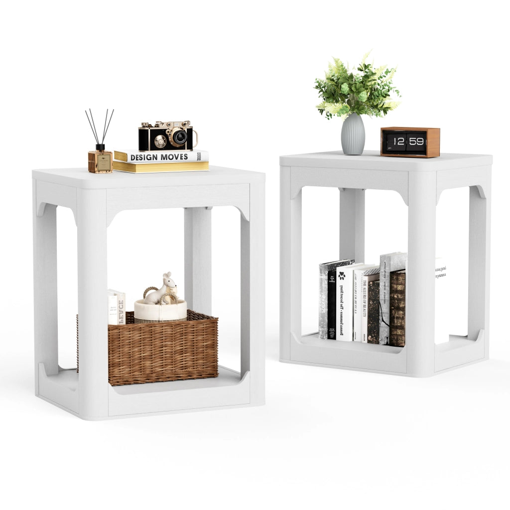 Set 2 Tavolini Comodini, Bianco, 50x40x60 cm, Piano 3 cm, Doppio Ripiano, per Soggiorno e Camera da Letto