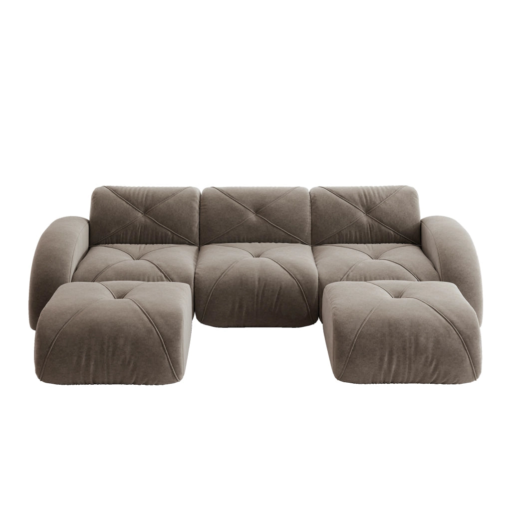 Divano modulare a U 3 posti con 2 pouf; struttura senza telaio; in chenille taupe; portata 200 kg per seduta