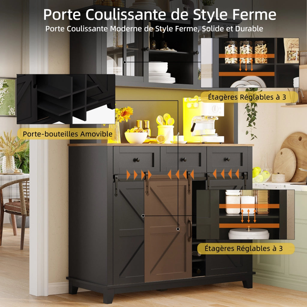 Credenza alta vetrina da cucina LED con 3 ripiani regolabili e portabottiglie, in MDF nero, 105 × 38.4 × 180 cm