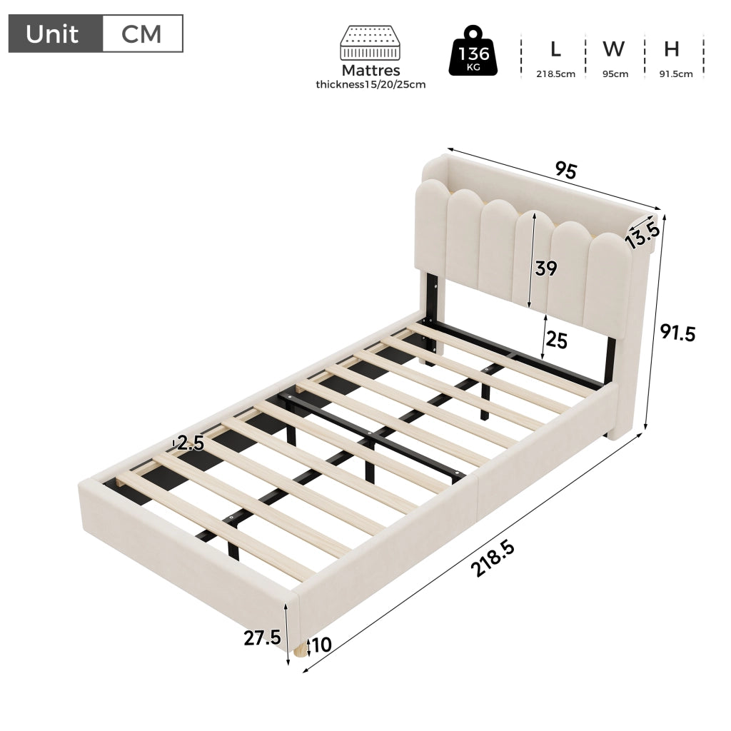 Letto imbottito per bambini in velluto 90 x 200 cm, letto singolo con luce da lettura, USB, Type-C, testiera trapuntata e rete a doghe, beige
