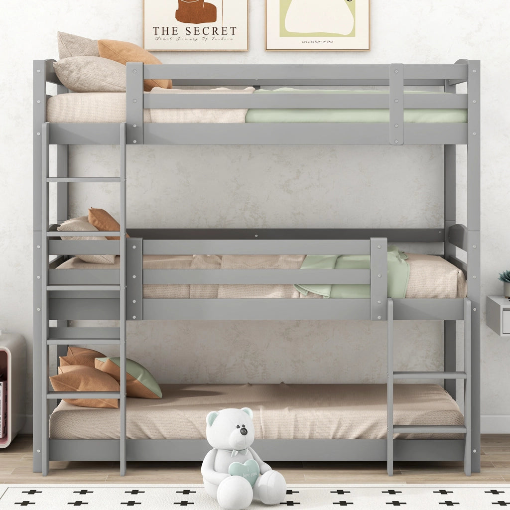 Letto a castello triplo per bambini 90x200 cm in pino e MDF; grigio; trasformabile