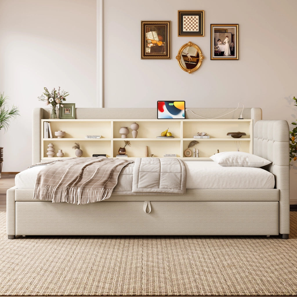 Letto divano 90 × 200 cm estraibile 180 × 200 cm; USB; porta tipo C e mensole; senza materasso; beige