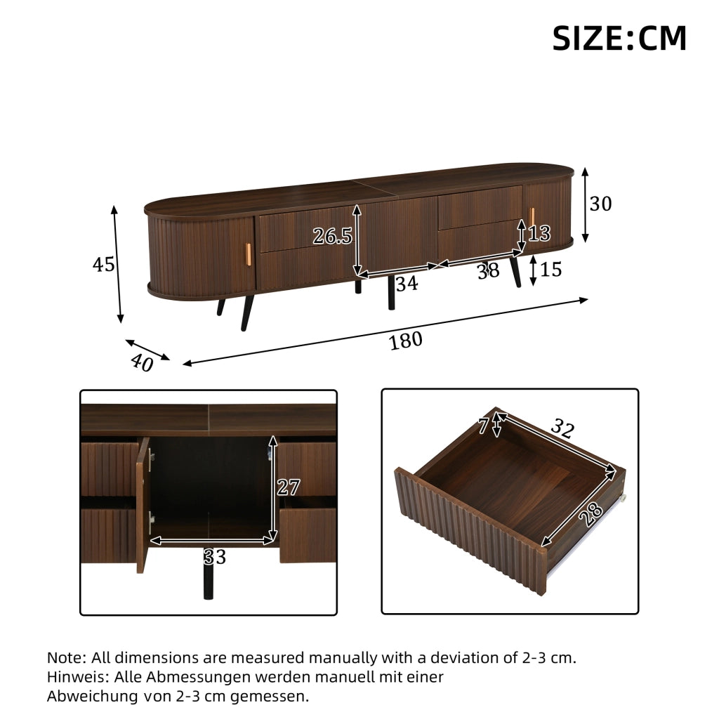 Mobile TV ovale 180x40x45 cm con 4 cassetti e anta a serranda; MDF noce