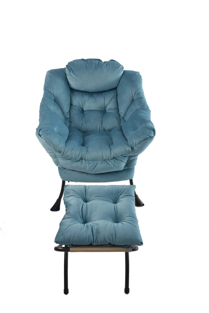 Sedia relax con poggiapiedi e tasca laterale, poltrona lounge imbottita blu, struttura in metallo