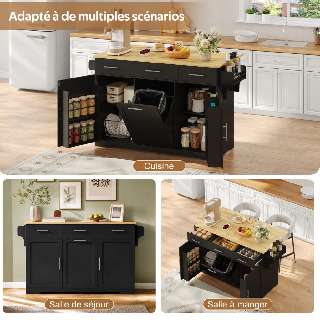 Isola da cucina mobile 136x50/75x92 cm con piano ribaltabile; prese USB; MDF nero/naturale