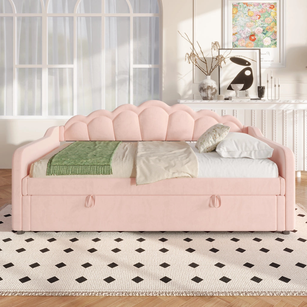 Letto contenitore singolo 90×200 cm con LED e vano portaoggetti; senza materasso; velluto; rosa