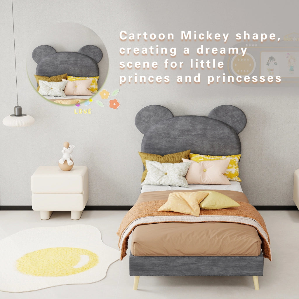Letto contenitore 90 × 200 cm con testiera imbottita a forma di cartone grigio e vano con pistoni pneumatici
