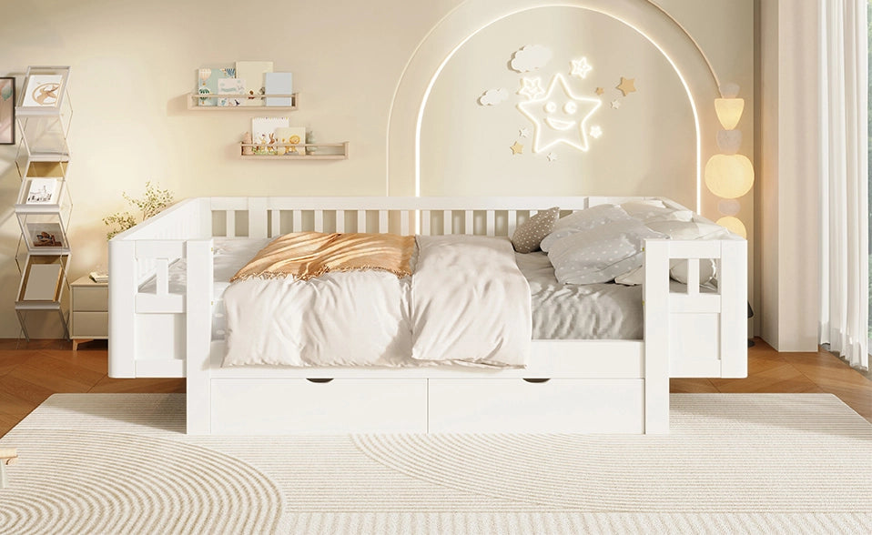 Letto piattaforma 140x200 cm bianco con sponda alta di protezione e due ampi cassetti