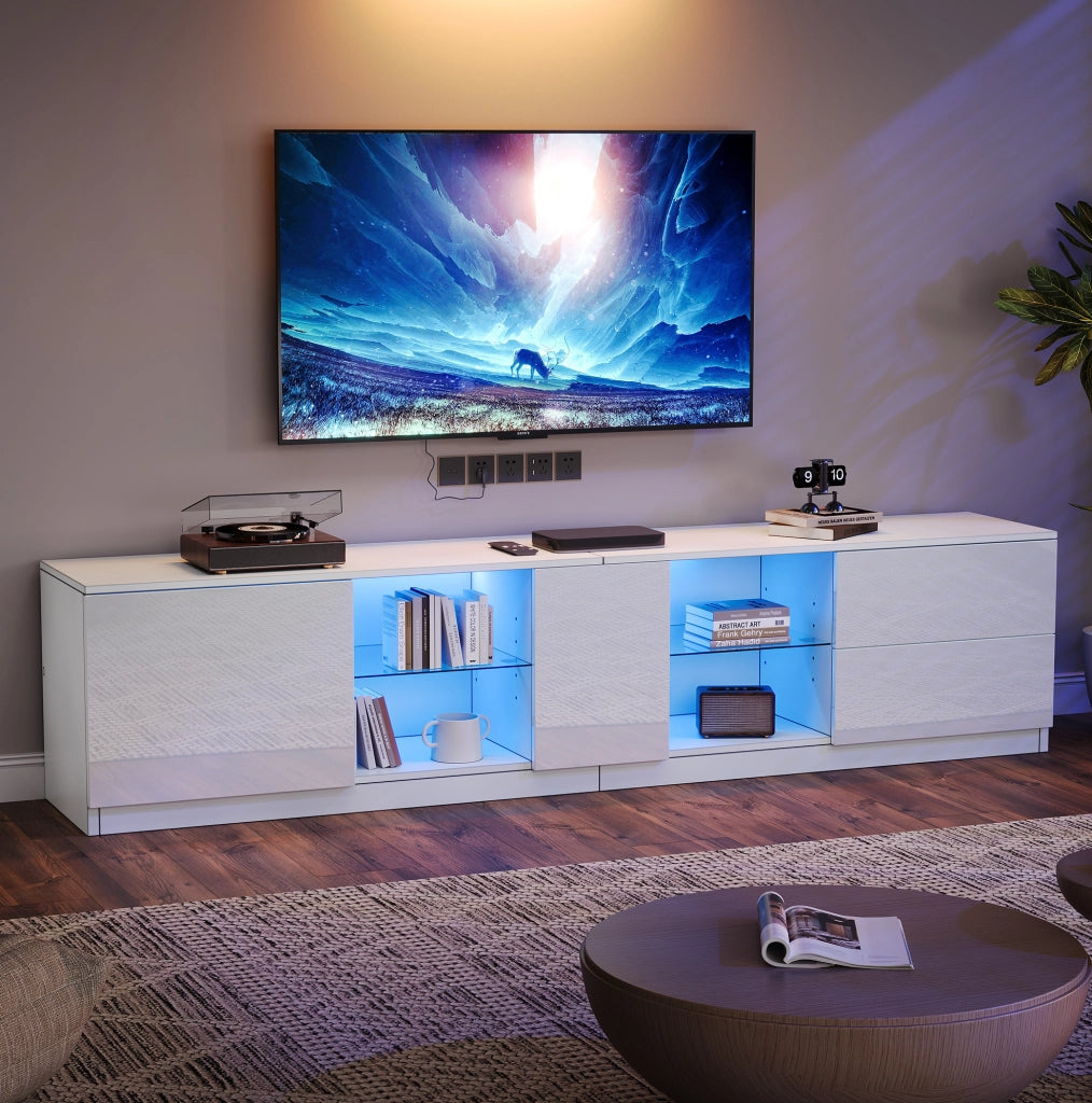Mobile porta televisore bianco lucido con LED e due cassetti