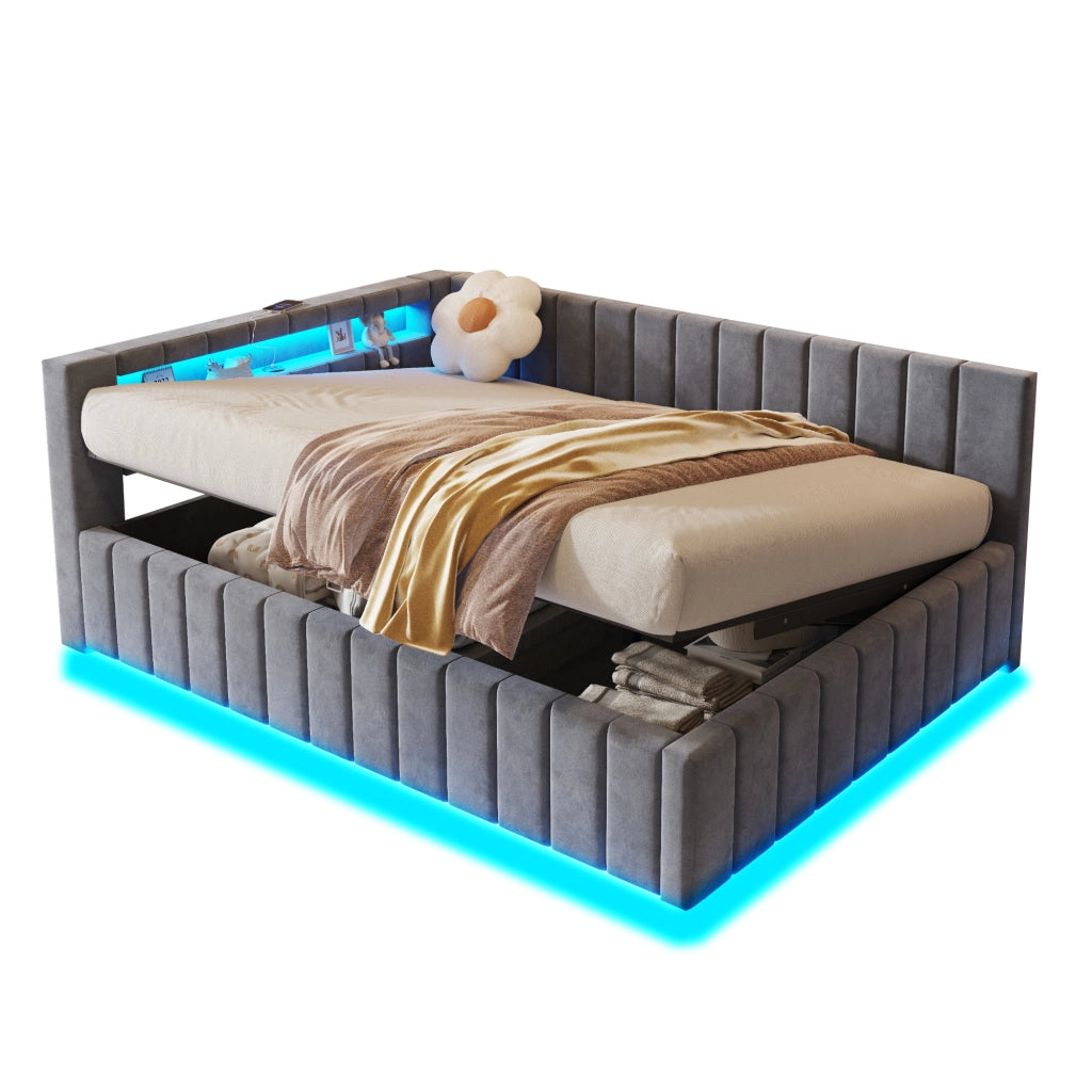 Letto matrimoniale imbottito 140 × 200 cm con contenitore idraulico; LED; USB; testiera e schienale in velluto grigio