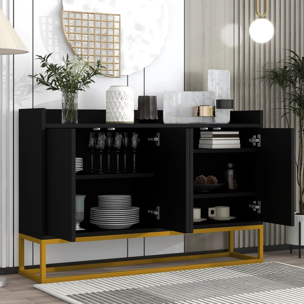 Sideboard moderno minimalista nero, 4 ante senza maniglie per soggiorno, sala da pranzo e cucina