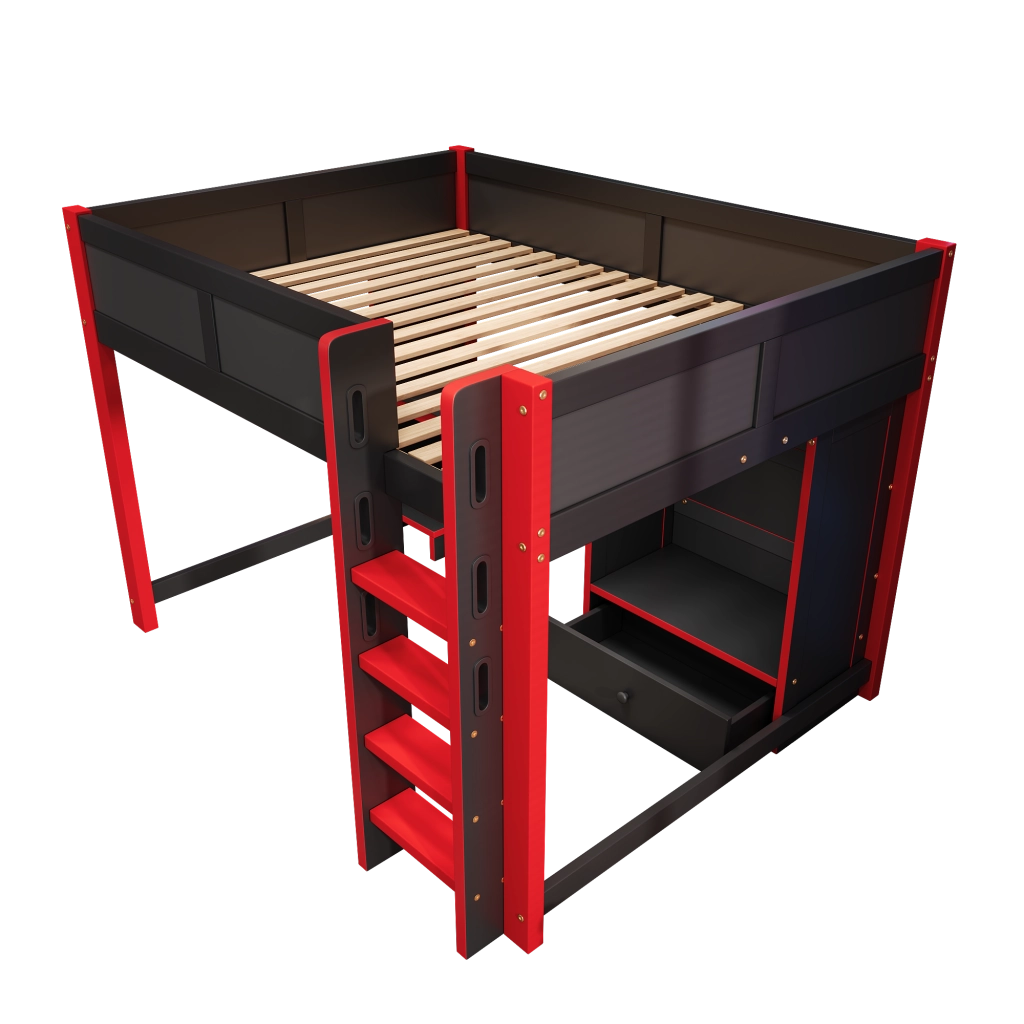 Letto a soppalco 140x200 cm con scrivania integrata; armadio e scaffali; gaming nero e rosso