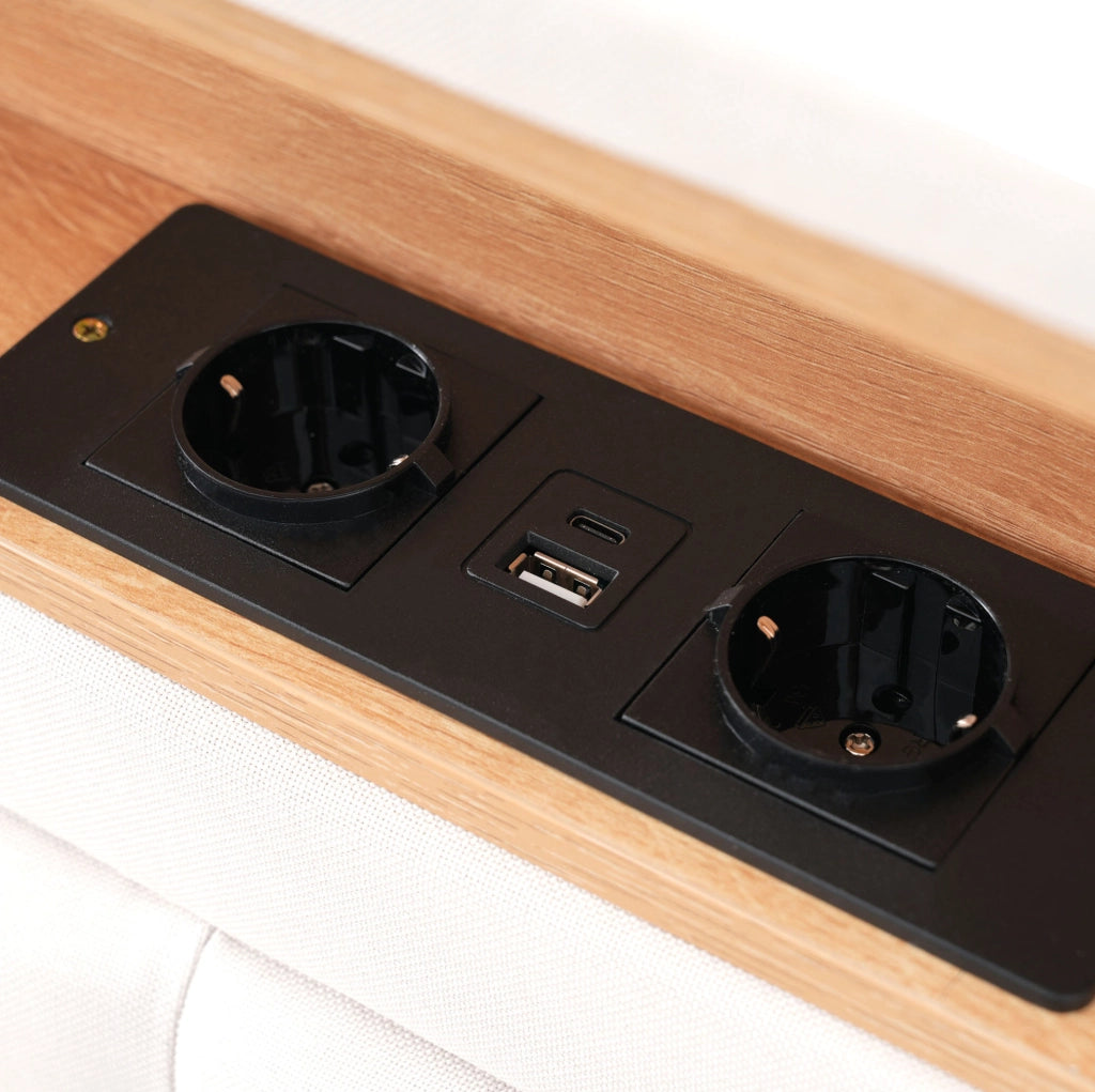 Letto imbottito 140x200 cm con contenitore, USB-C e prese, in lino beige