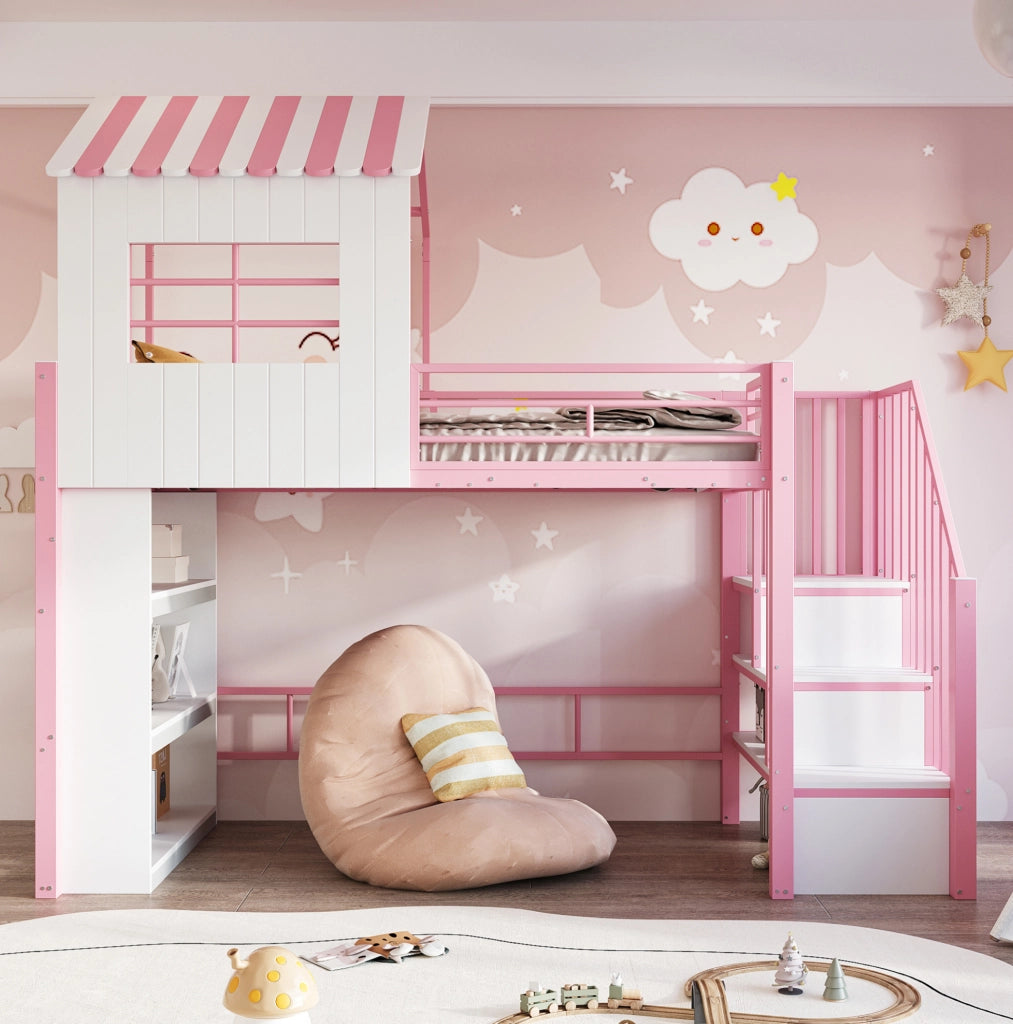 Letto a soppalco in ferro 90x200 cm con sponda alta, scala sicura reversibile e scaffalatura multi-livello, colore rosa