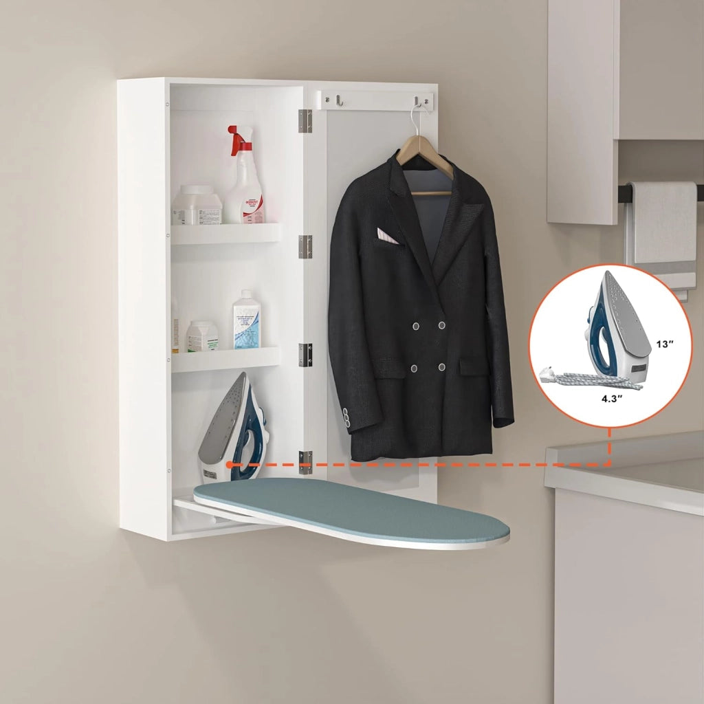 Mobile da parete per stirare con asse integrato specchio 2 vani in MDF bianco per lavanderia camera e armadio