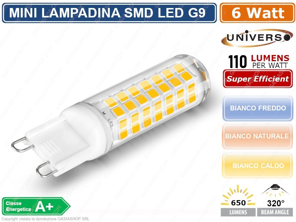 UNIVERSO MINI LAMPADINA CORN TUBOLARE LED SMD 2835 G9 6W WATT 680 LUMEN - Colore Luce:Bianco Freddo