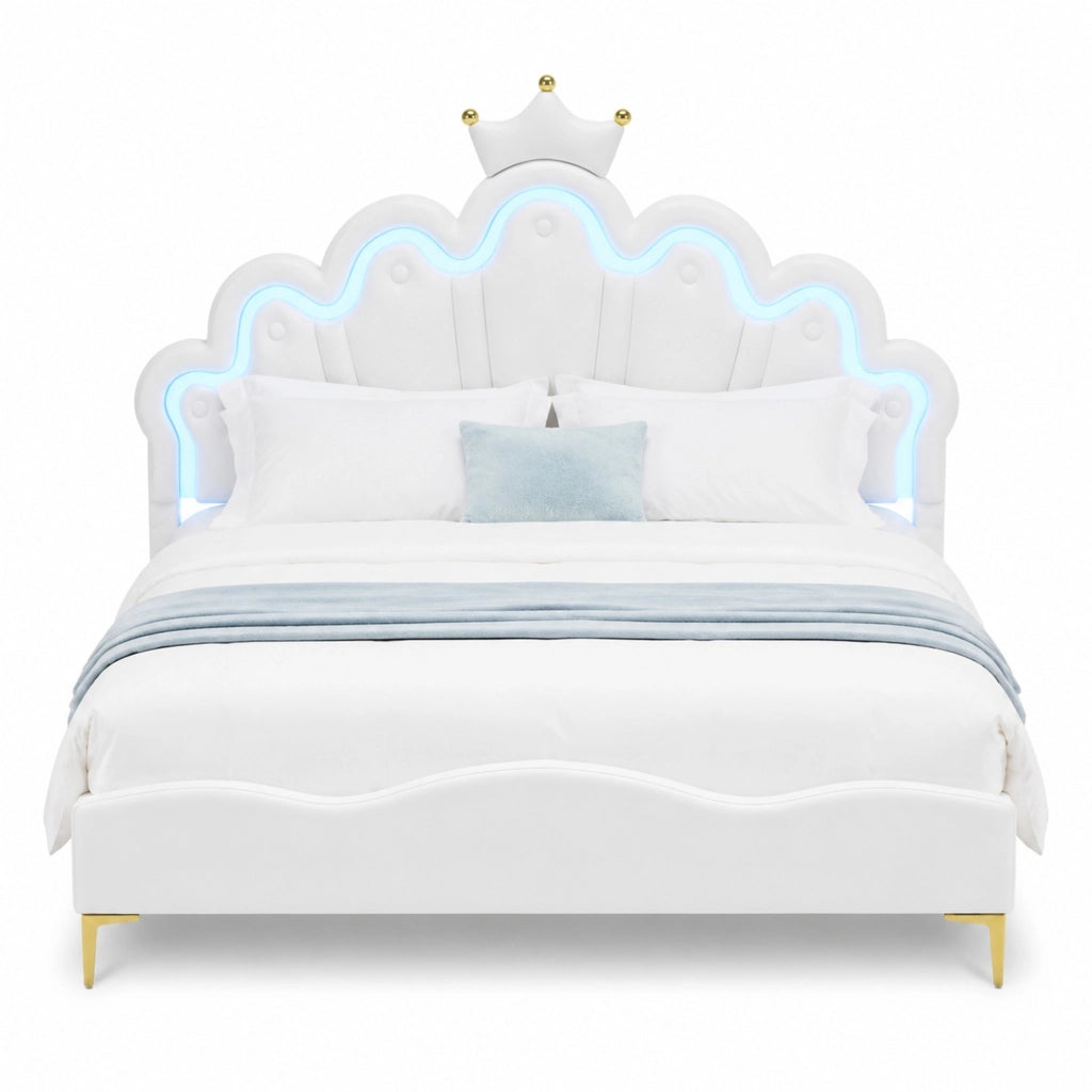 Letto 140 × 200 cm con testiera a nuvola corona e LED colorati in PU bianco
