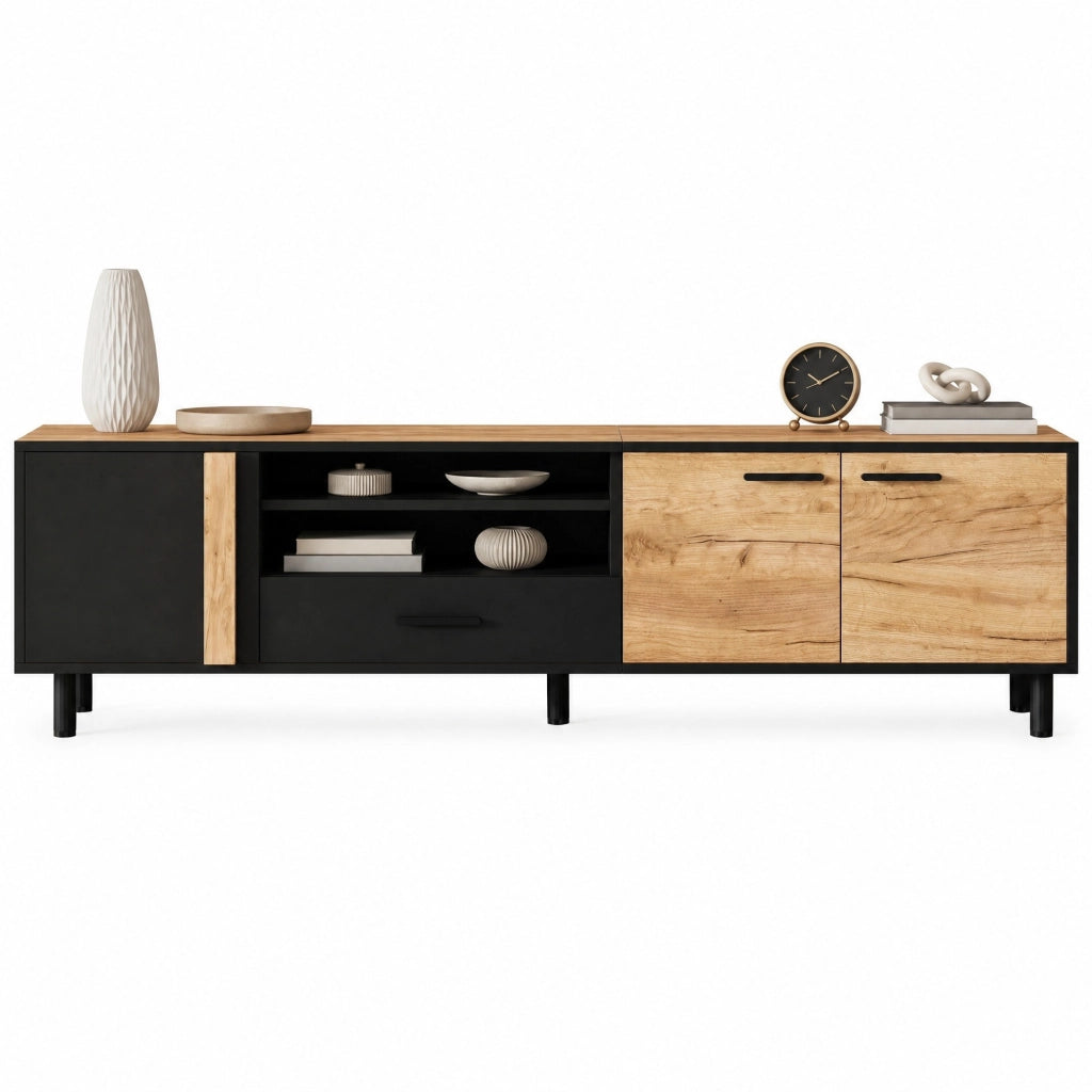 Mobile TV 180x32;5x50 cm con 3 ante e cassetto nero effetto legno HOMVRA