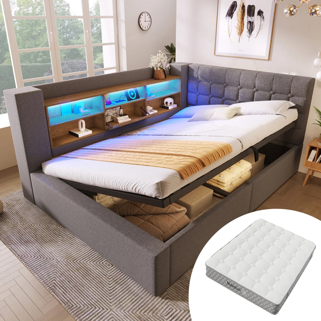 Letto con contenitore 140 × 200 cm con materasso; LED e ricarica USB; testiera reversibile in lino grigio