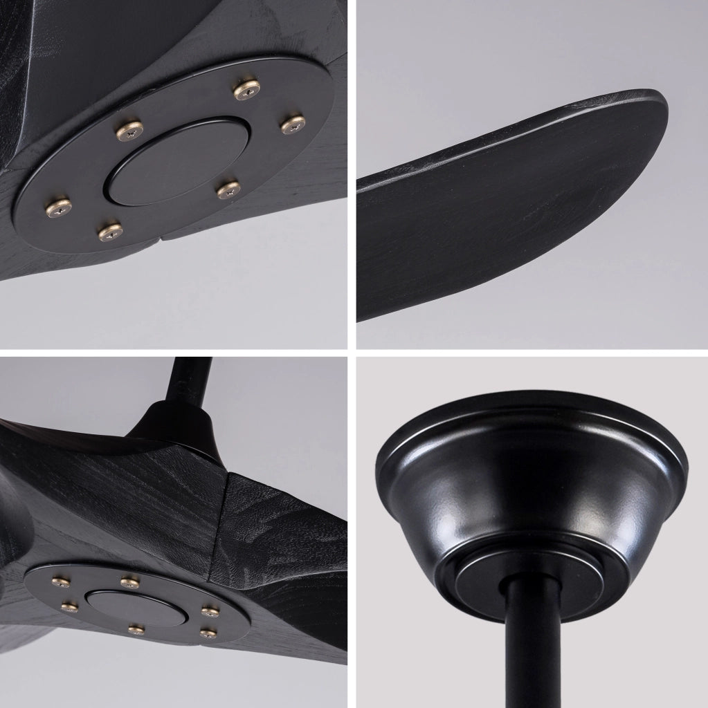 Ventilatore da soffitto nero da 52 pollici con 3 pale in legno massello Paulownia, 6 velocità regolabili con telecomando