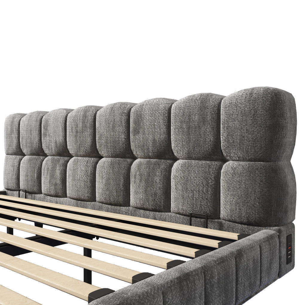 Letto imbottito matrimoniale 180x200 cm grigio con contenitore idraulico, illuminazione LED e porte di ricarica USB e Tipo-C