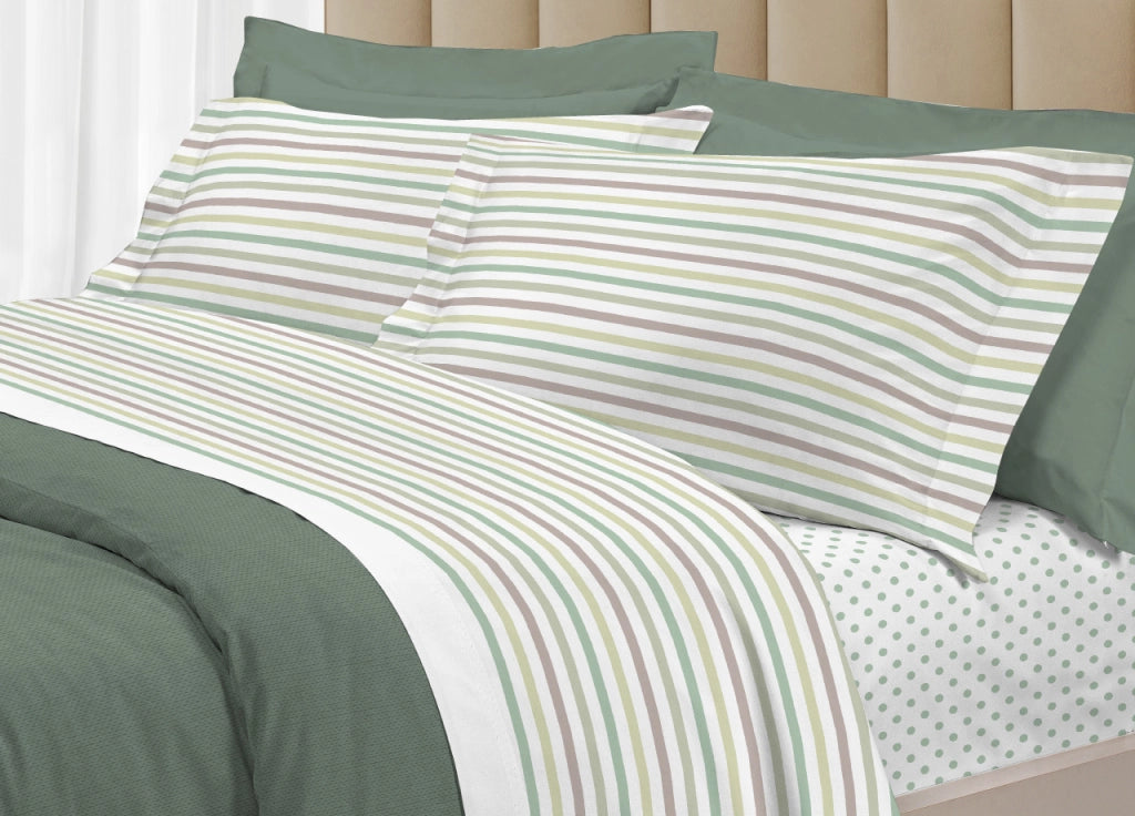 Completo Lenzuola Letto 100% Cotone Italy 3027 Disegno Riga Dots - Piazza E Mezza - Verde