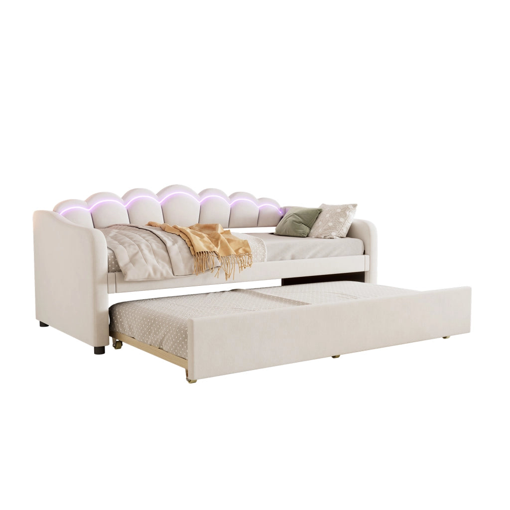 OKWISH Letto a Divano 90×200 cm, Letto Singolo con Letto Estraibile, LED Regolabile e Telecomando, senza Materasso, Velluto, Beige