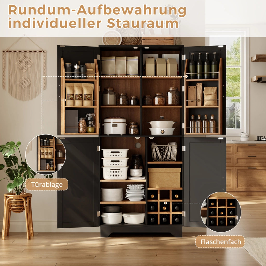 Armadio da cucina 80x40x180 cm con 4 ante; portabottiglie e ripiani in MDF nero naturale