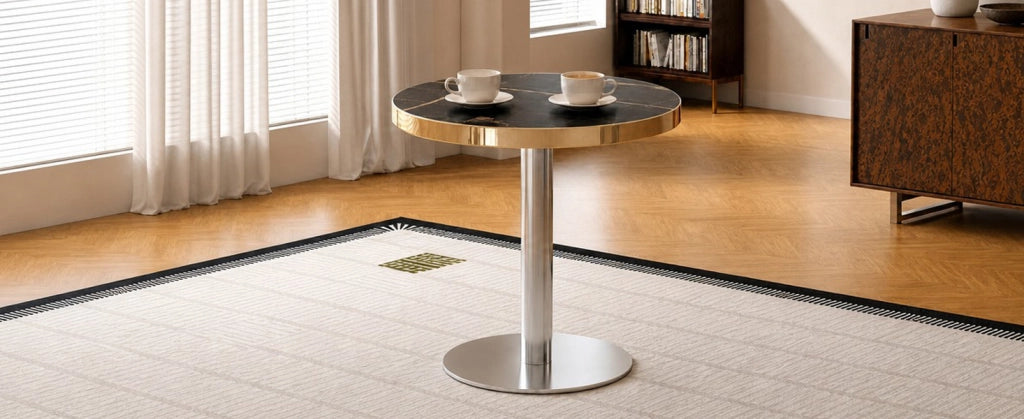 Tavolino rotondo 60 cm in MDF nero effetto marmo, struttura dorata per soggiorno